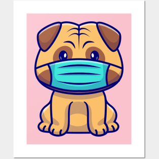 Cute Pug Dog Sitting And Wearing Mask Cartoon Posters and Art